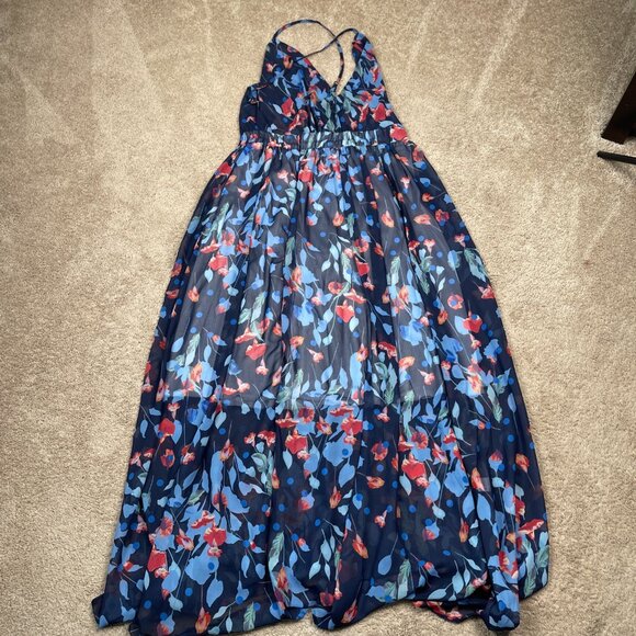 Handmade Maxi Dress Womens XXL Blue Floral Plunge Neck Open Back Beach Long Tall - Picture 7 of 7
